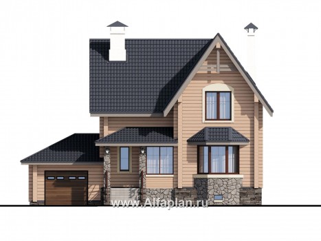 «АльфаВУД» - проект дома с мансардой, из дерева, с цокольным этажом и с гаражом - превью фасада дома