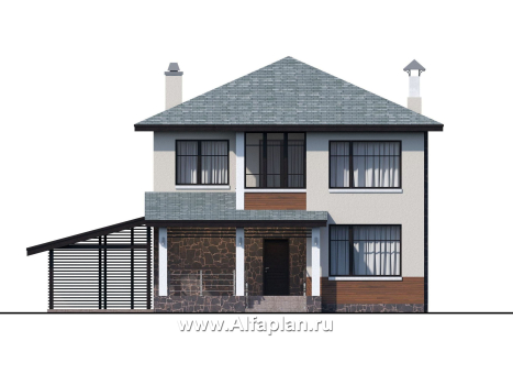 «Траектория» - проект двухэтажного дома, современный стиль, с сауной и с террасой, с навесом на 1 авто - превью фасада дома