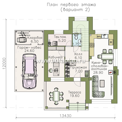 «Траектория» - проект двухэтажного дома, современный стиль, с сауной и с террасой, с навесом на 1 авто - превью план дома