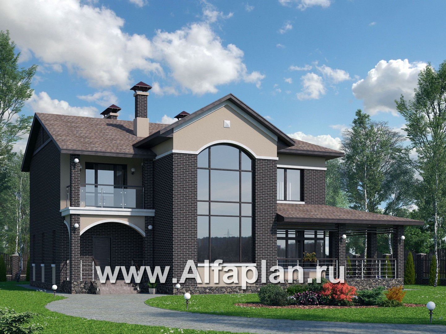 Проекты домов Альфаплан - «Голицын» — особняк с отделкой в темных тонах - основное изображение