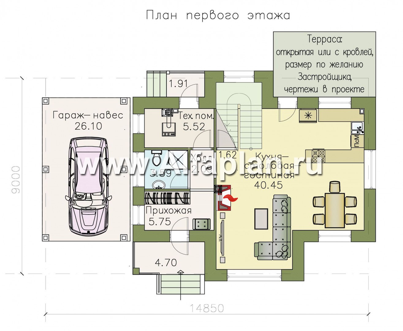 522B-S «Семейное гнездо» - проект дома с мансардой, из кирпича, с открытой  современной планировкой, навес на 1 авто: цена | Купить готовый проект с  фото и планировкой