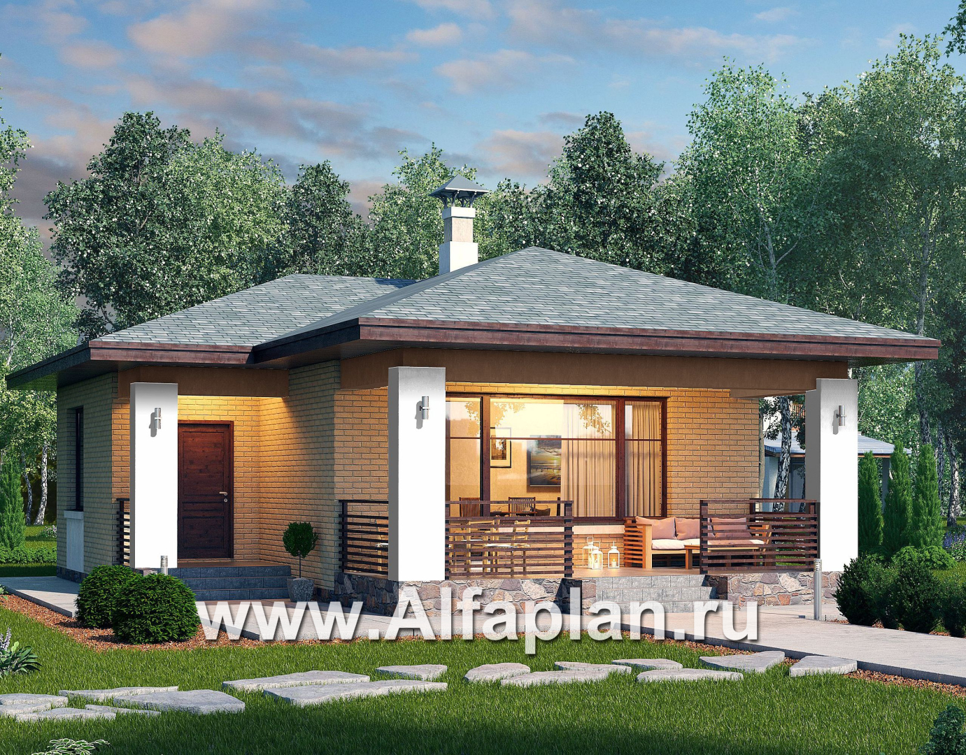 Проекты домов Альфаплан - «Виньон» - дачный дом с большой террасой - основное изображение