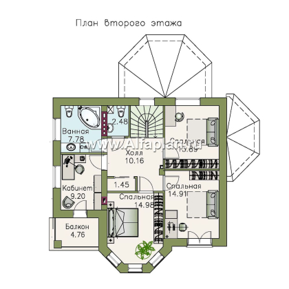 «Классика» - проект двухэтажного дома с эркером, планировка с кабинетом на 1 эт и с террасой - превью план дома