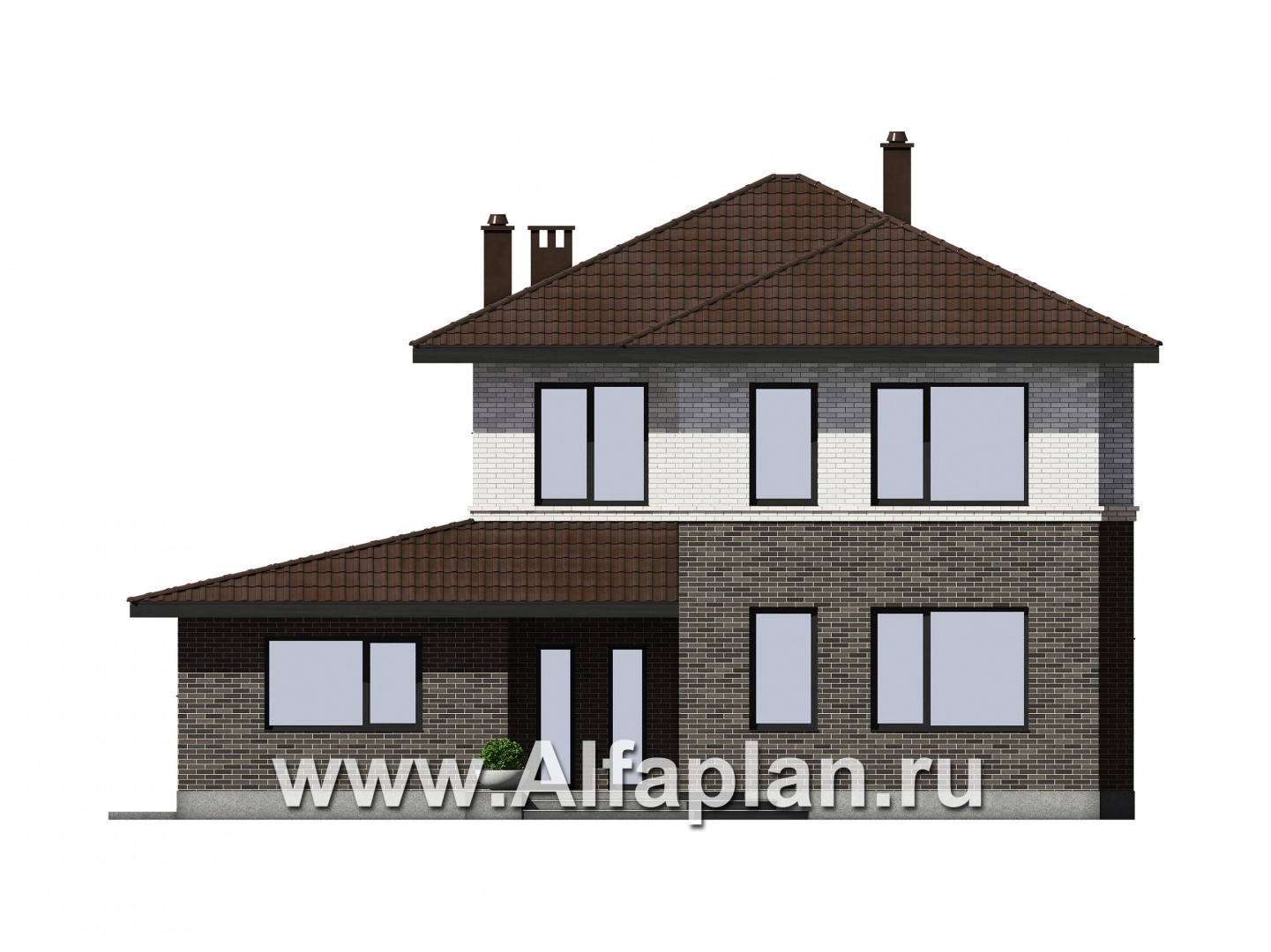 Проект двухэтажного дома из газобетона или кирпича, с террасой и гостевой квартирой - фасад дома