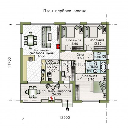 «Веда» - проект одноэтажного дома, 3 спальни, с двускатная крыша - превью план дома