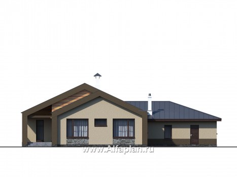 «Аркада» - проект одноэтажного дома, современный стиль, барнхаус, с террасой, сауной и с гаражом - превью фасада дома