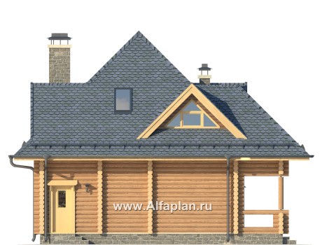 Проект деревянного дома с мансардой, из бревен, 3 спальни - превью фасада дома