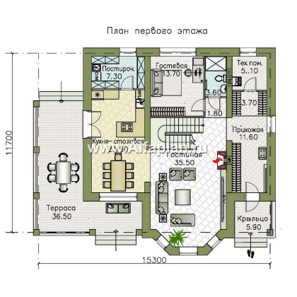 Проекты домов Альфаплан - Проект двухэтажного дома с эркером и лестницей в гостиной - превью плана проекта №1
