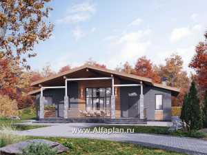 Проекты домов Альфаплан - "Форест" - проект одноэтажного дома с большой террасой - превью основного изображения