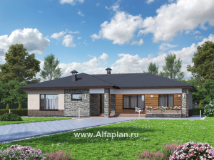 «Алазея» - проект одноэтажного дома из газобетона, с террасой, 3 спальни и кабинет, в современном стиле
