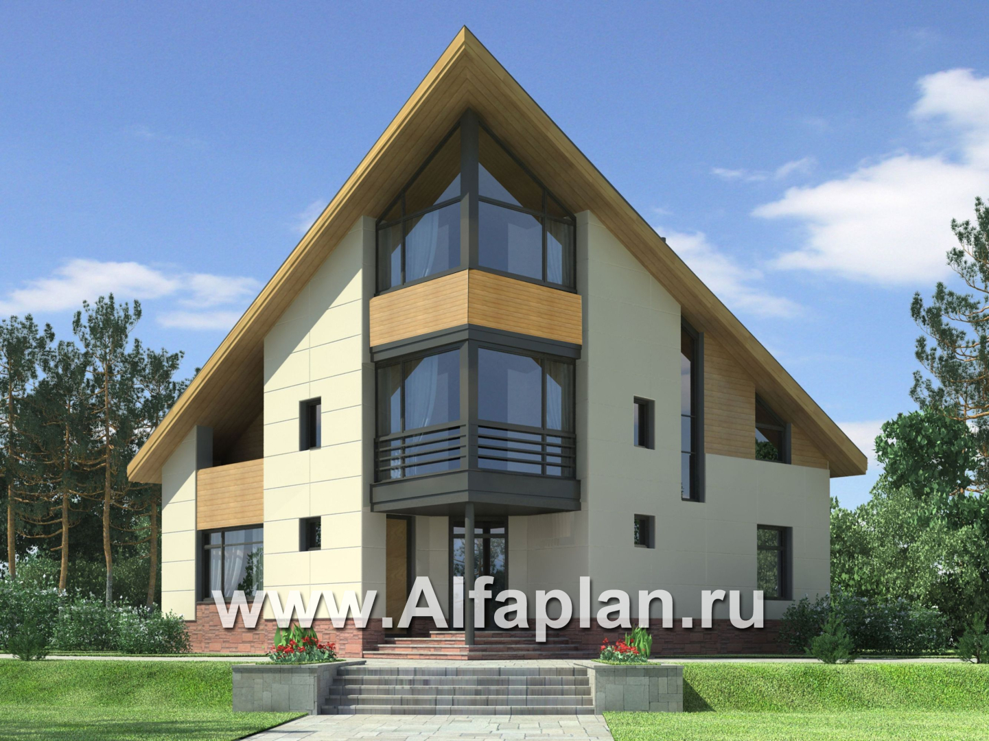 Проекты домов Альфаплан - Оригинальный коттедж с угловым входом - основное изображение