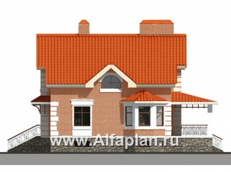 Проект дома с мансардой, план с эркером и с террасой, с гаражом и с цокольным этажом - превью фасада дома