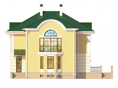 Проект двухэтажного дома, план с гостевой на 1 эт и с террасой, мастер спальня, сауна и бассейн в цоколе, в русском стиле - превью фасада дома