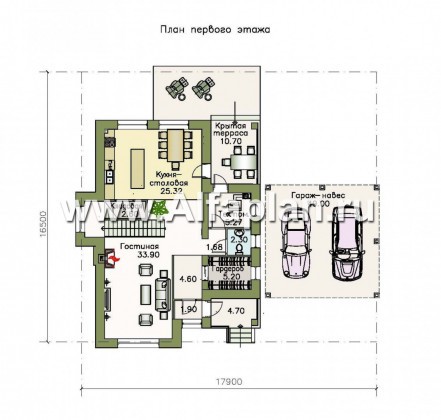 «Потемкин» - проект двухэтажного дома из газоблоков, планировка с лестницей в гостиной и мастер спальня, навес на 2 авто - превью план дома